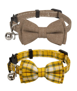 Gyapet Cat Collar Breakaway Bowtie Safety With Bell Adjustbale Kitten Puppy Solid Plaid Color Set D-2Pcs] Brown