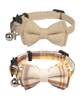 Gyapet Cat Collar Breakaway Bowtie Safety With Bell Adjustbale Kitten Puppy Solid Plaid Color Set D-2Pcs] Beige