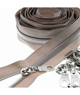 5 Silver Teeth Metallic Nylon coil Zippers by The Yard Bulk 10 Yards Beige Zipper Tape with 25pcs Silver Sliders for DIY Sewing Tailor craft Bag Luggage Sofa Zipper Leekayer(Beige)