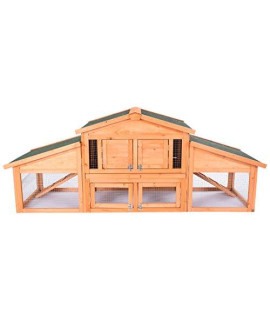 Wooden Rabbit Hutch Outdoor Backyard Small Animal Pet Cage Chicken Coop with 2 Runs Bunny House (70x24x28Inch, Natural)