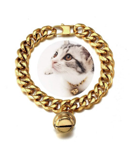 18K gold cat Dog collar Kitten Puppy 12inch 12mm Wide Stainless Steel Kitten choker curb chew Proof cuban Link chain with Bell(Neck Fit 8-10)