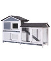 Knowlife 62?Rabbit Hutch Pet House Wooden House for Small Animals with Two Easy-Access Entry Doors and Built-in Litter Trays-Gray+White