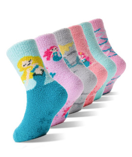 Ebmore Girls Kids Toddler Fuzzy Non Slip Grips Socks Gift Slipper Crew Cabin Cozy Fluffy Hospital Cute Warm Winter Socks For Boys Child Christmas Stocking Stuffers 6 Pairs(Mix Mermaid,8-12 Y)