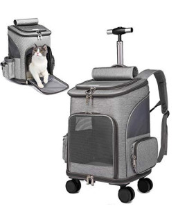Wheeled Pet Carrier Backpack Pet Stroller, Travel Carrier, Car Seat for Dogs Cats Puppy, Comfort Cat Backpack Removable Rolling Wheels-Mesh Ventilation Windows, Storage Pockets (Grey)