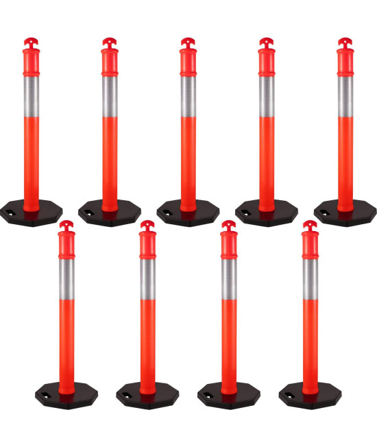 VEVOR 9Pack Traffic Delineator Posts 44 Inch Height, PE Delineator cones Post Kit 10 inch Reflective Band, Delineators Post with Rubber Base 16 inch for construction Sites, Facility Management etc