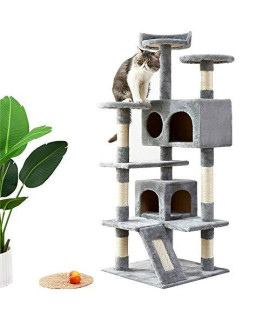 BRANDES Cat Tree Tower Apartment, with Sisal Rope Grab Post Double Room Pet Cat Game House Suitable for All Cats Tree Apartment (Gray)