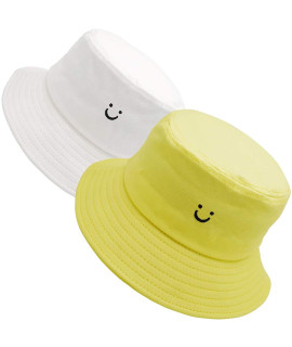 cute Bucket Hats Summer Travel Beach Sun Hat Embroidery Visor Smile Face Outdoor cap for Women Men 2pack
