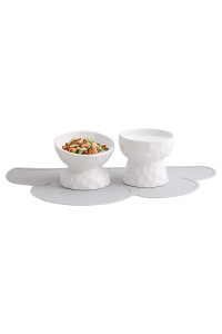 White Ceramic Cat Food And Water Bowl Set ,Cat Food Dish With Stand,Elevated Cat Bowls ,Raised Cat Food Bowls Anti Vomiting,Pet Bowl With Anti Slip Mat,Stress Free For Cats And Small Dogs