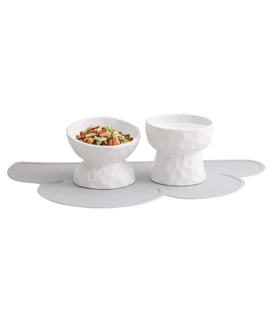White Ceramic Cat Food And Water Bowl Set ,Cat Food Dish With Stand,Elevated Cat Bowls ,Raised Cat Food Bowls Anti Vomiting,Pet Bowl With Anti Slip Mat,Stress Free For Cats And Small Dogs