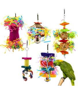 CooShou 5Pcs Small Parrot Chewing Toys Bird Shredder Toys Bird Parrot Foraging Hanging Toys for Small Birds Parakeets Parrotlets Lovebirds Cockatiels