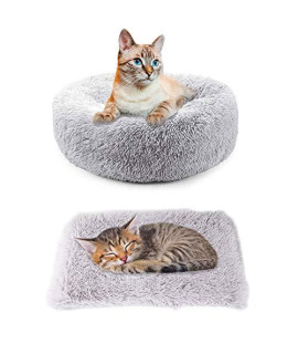 TVMALL Cat Dog Bed + Pet Mats 2 PCS Soft Plush Round Donut Beds Medium Small Dogs Pillows Cushion Self Warming Cat Beds Pad Dog Blankets and Sofa Cushions Improved Sleep (Light Grey, 50CM)