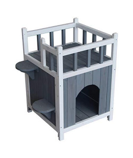 Bellanny Wooden Cat House Outdoor Indoor 2 Story Cat Condo with Stairs and Balcony for Cats Small Dogs or Small Animals