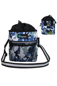 PetAmi Dog Treat Pouch | Dog Training Pouch Bag with Waist Shoulder Strap, Poop Bag Dispenser and Collapsible Bowl | Treat Training Bag for Treats, Kibbles, Pet Toys | 3 Ways to Wear (Camo Blue)