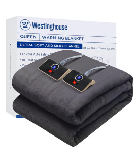 Westinghouse Heated Blanket, Electric Throw Blanket with 10 Heating Levels, 12 Hours Auto Off, Overheat Protection, Machine Washable, Flannel (Queen, 84x90 Inches, charcoal)