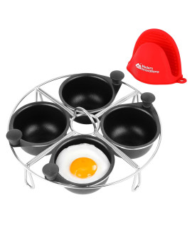 Modern Innovations Stainless Steel 4-cup Egg Poacher Tray - complimentary Silicone Mitt - Egg Poacher Insert for Poaching Eggs Eggs Benedict - compatible with Most Pans