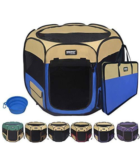 Winipet 2-Door Folding Soft Pet Playpen (2 Year Warranty), Plus Carrying Bag and Food Grade Silicone Bowl, 10-Size and 12-Color Portable Dog Cat Playpen, Exercise Pen, Indoor & Outdoor Pet Home