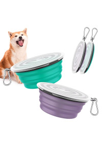 Pawaboo collapsible Dog Bowls 2 Pack, Silicone Feeding Watering Bowls with Lids & carabiners for Dogs cats, Portable collapsable Water Feeder Food Bowl for Walking Traveling Home Use, VioletTurquoise