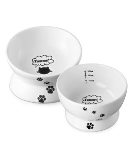 Y Yhy Raised Cat Food And Water Bowl Set, Tilted Elevated Cat Food Bowls No Spill, Ceramic Cat Food Feeder Bowl Collection, Pet Bowl For Flat-Faced Cats And Small Dogs, Set Of 2, White