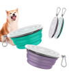 Pawaboo collapsible Dog Bowls 2 Pack, Silicone Feeding Watering Bowls with Lids & carabiners for Dogs cats, Portable Water Feeder Food Bowl for Walking Traveling Home Use, 1000ml, Violet+Turquoise