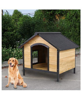 IKevan_ Outdoor Pet Dog House, Indoor Waterproof A-Frame Style Roof Adjustable Feet Wooden Pet House Cat Shelter Kennel for Small Dog and Cat, 94x85x83cm