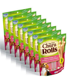Inaba Churu Rolls For Dogs Grain-Free Softchewy Baked Chicken Wrapped Churu Filled Dog Treats 0.42 Ounces Each Stick 64 Stick Treats Total (8 Sticks Per Pack) Chicken With Salmon Recipe