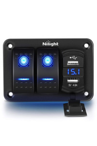 Nilight - 90116c 2 gang Rocker Switch Panel with 48 Amp Dual USB charger Voltmeter Waterproof 12V-24V Dc Rocker Switch with Night glow Stickers for carsTrucks Boats RVs,Blue