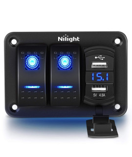 Nilight - 90116c 2 gang Rocker Switch Panel with 48 Amp Dual USB charger Voltmeter Waterproof 12V-24V Dc Rocker Switch with Night glow Stickers for carsTrucks Boats RVs,Blue