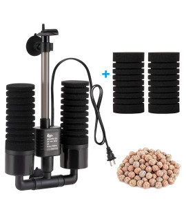 AQQA Aquarium Sponge Filter, Power Driven Double Biochemical Water Filter, Quiet Submersible Foam Filter with 2 Extra Sponges, 1 Bag of Filtered ceramic Balls for Fresh and Salt Water Fish Tank (S)