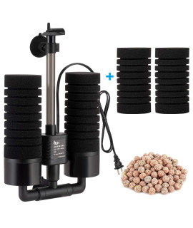 AQQA Aquarium Sponge Water Filter, Power Driven Double Biochemical Filter, Quiet Submersible Foam Filter with 2 Extra Sponges, 1 Bag of Filtered ceramic Balls for Fresh and Salt Water Fish Tank (L)