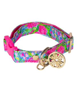 Lilly Pulitzer Adjustable Puppy Dog Collar, Cute Heavy Duty Canvas Collar with Snap Closure and Ring for Leash/Tag, Bunny Business (S/M)