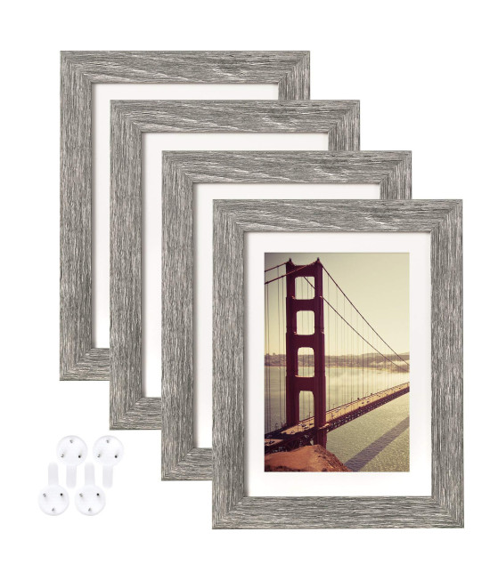 BAIJIALI 5x7 Picture Frame Rustic grey Wood Pattern Set of 4 with Tempered glass,Display Photos 4x6 with Mat or 5x7 Without Mat, Horizontal and Vertical Formats for Wall and Table Mounting