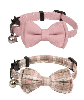 Gyapet Cat Collar Breakaway Bowtie Safety With Bell Adjustbale Kitten Puppy Solid Plaid Color Set D-2Pcs] Pink-2