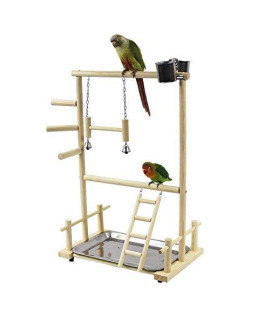 CLFYOU Wooden Bird Stand, Double Layer Parrot Wooden Playground with Ladder Swing Bell Bird Athletic Toy for Small Parakeets, Cockatiels, Finches, Budgie