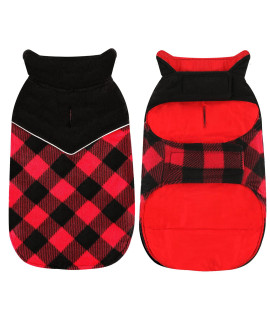 Fragralley British Style Plaid Dog Winter Coat, Cozy Reversible Dog Jacket, Easy on Waterproof Reflective Dog Warm Fleece Sweater Cold Weather Pet Apparel for Small Medium Large Dogs with Leash Hole.
