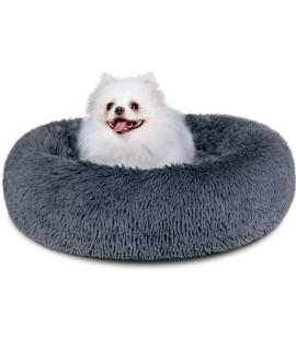 Dog Bed, Comfortable Round Donut Cuddler Pet Bed, Self-Warming Faux Fur Dog Cat Bed, Soft Plush Calming Bed for Small Dogs and Cats 23" x 23", Dark Grey