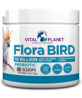 Vital Planet - Flora Bird Probiotic Powder Supplement with 10 Billion Cultures and 7 Diverse Strains, High Potency Probiotics for All Birds for Avian Digestive and Immune Support 80 Scoops 1.06 oz