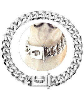 ToBeTrendy Silver Dog Chain Collar Walking Metal Chain Collar with Design Secure Buckle, High Polished Stainless Steel Cuban Link 15MM Utra Strong Heavy Duty Chew Proof Walking Collar(15MM, 26")