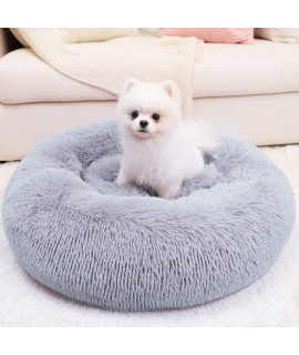 WAYIMPRESS Calming Dog Bed for Small Dog & Cat, Washable Round Dog Bed Plush Pet beds with Fluffy Faux Fur for Anti Anxiety and Cozy (24x24 inch, Grey)