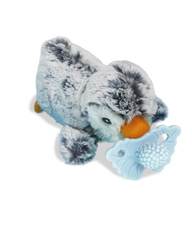 Razbaby Razberry Teether, Holder W Detachable Baby Teething Toy, Textured Berrybumps Soothe Sore Gums, Machine Washable Stuffed Animal Razbuddy, Ages 0M, Easy To Hold Hands-Free - Penguinblue