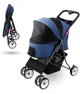 Folding Stroller for Dogs and Cats, Pet Transport Trolley, Four Rounds pet Travel Stroller - Foldable with one Hand (Blue)