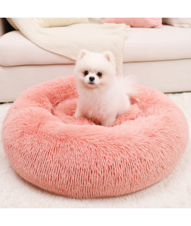 Wayimpress Calming Dog Bed For Small Medium Dogs & Cats, Washable Plush Comfy Round Dog Bed With Fluffy Faux Fur For Anti Anxiety And Cozy (28X28 Inch, Pink)