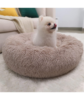 Wayimpress Calming Dog Bed For Small Dog & Cat, Comfy Self Warming Round Dog Bed With Fluffy Faux Fur For Anti Anxiety And Cozy (24X24 Inch, Coffee)