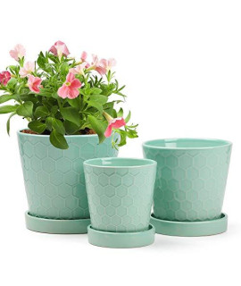 BUYMAX Succulent Planter -4A5A6A inch ceramic Flower Pot with Drainage Holes and ceramic Tray - gardening Home Desktop Office Windowsill Decoration gift Set 3 - (Mint green)