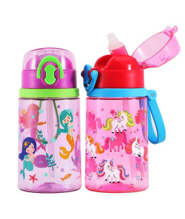Home Tune 2 Pack Cute Water Bottle With Straw For Kids Girls, Bpa Free Tritan & Leak Proof One Click Open Flip Top & Silicone Sipper & Secure Lock & Soft Carry Loop, 14Oz 400Ml (Unicorn & Mermaid)