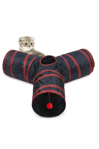Alicedreamsky cat Tunnel, collapsible Tube with 1 Play Ball Kitty Toys, 3 Ways cat Tunnels for Indoor cats, Puppy, Kitty, Kitten, Rabbit (Black and Red)A