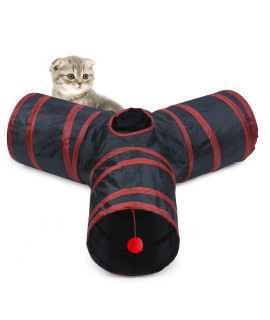 Alicedreamsky cat Tunnel, collapsible Tube with 1 Play Ball Kitty Toys, 3 Ways cat Tunnels for Indoor cats, Puppy, Kitty, Kitten, Rabbit (Black and Red)A