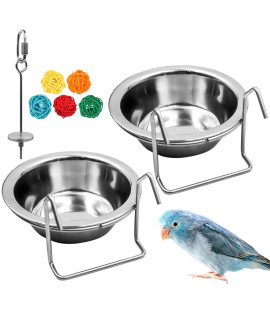 2 Pack Bird Feeder Birds Bowls Stainless Steel Dishes Coop Cups with Wire Hook, Parrot Feeding Dish Cups Food Water Bowls with Bird Food Holder and Rattan Ball for Finches Lovebirds (Set 1)