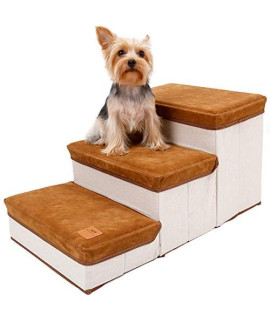 A.FATI Dog Folding Steps Stairs 3-Step for High Bed with Foam &Storage Compartment Puppy Supplies, Dog Stuff Ideal for Couch Chair Furniture Car, Foldable Washable Removable Cove?Brown?