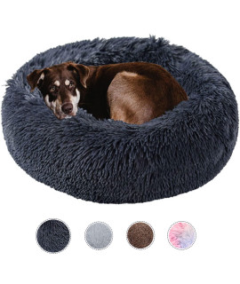 Kimpets Dog Bed Calming Dog Beds for Small Medium Large Dogs - Round Donut Washable Dog Bed, Anti-Slip Faux Fur Fluffy Donut Cuddler Anxiety Cat Bed(35")