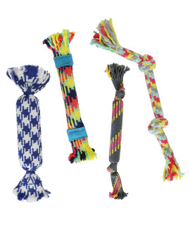 rocket & rex Dog Rope Toys | Puppy Rope Toy and Rope Toys for Small Dogs | 4 Piece Rope Toy Set with Rubber and Crackle for Added Chewing Fun | for Small Breeds and Puppies